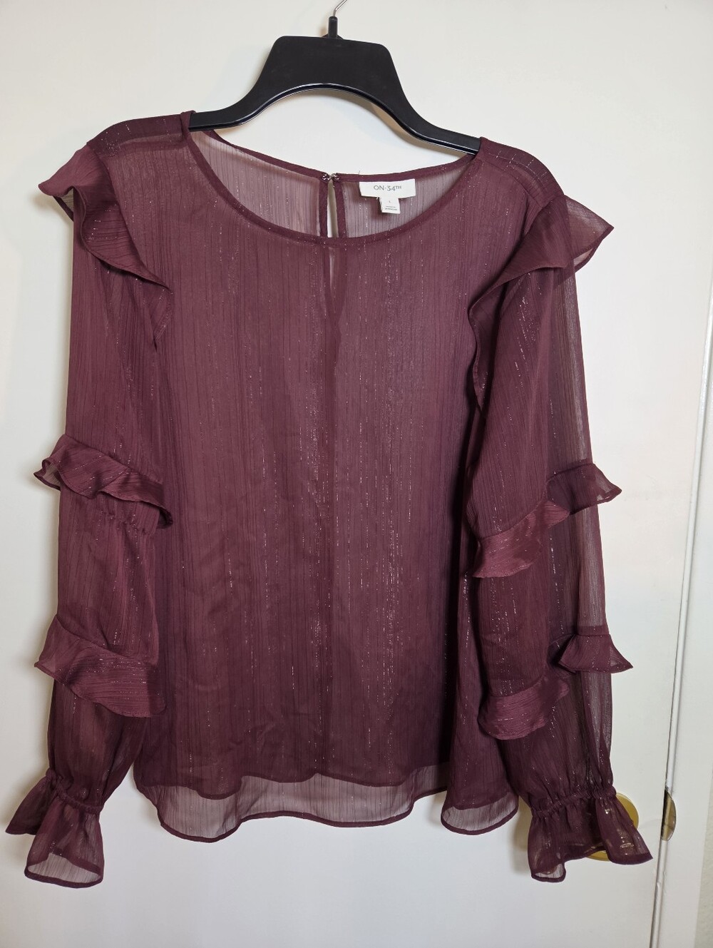 On 34th Whimsigoth Sheer Ruffle Sleeve Blouse Burgundy Metallic Shimmer Top Sz L